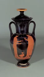 Attic red-figure nolan amphora depicting two figures and a duck, 460-450 BC